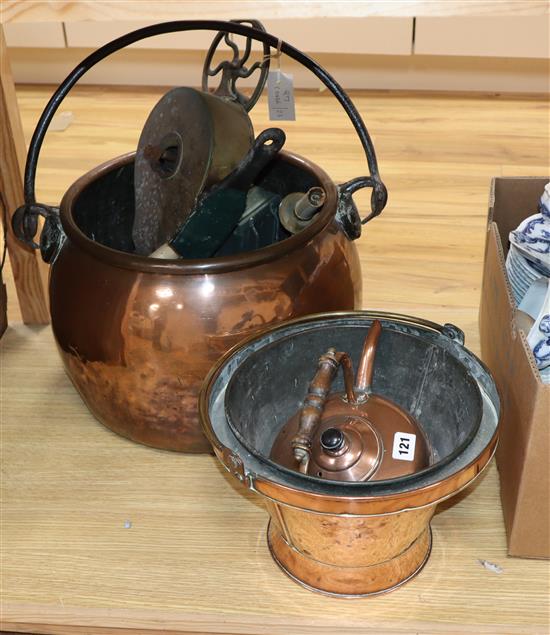 A Victorian mechanical bellows, copper cauldron, metal ware etc.